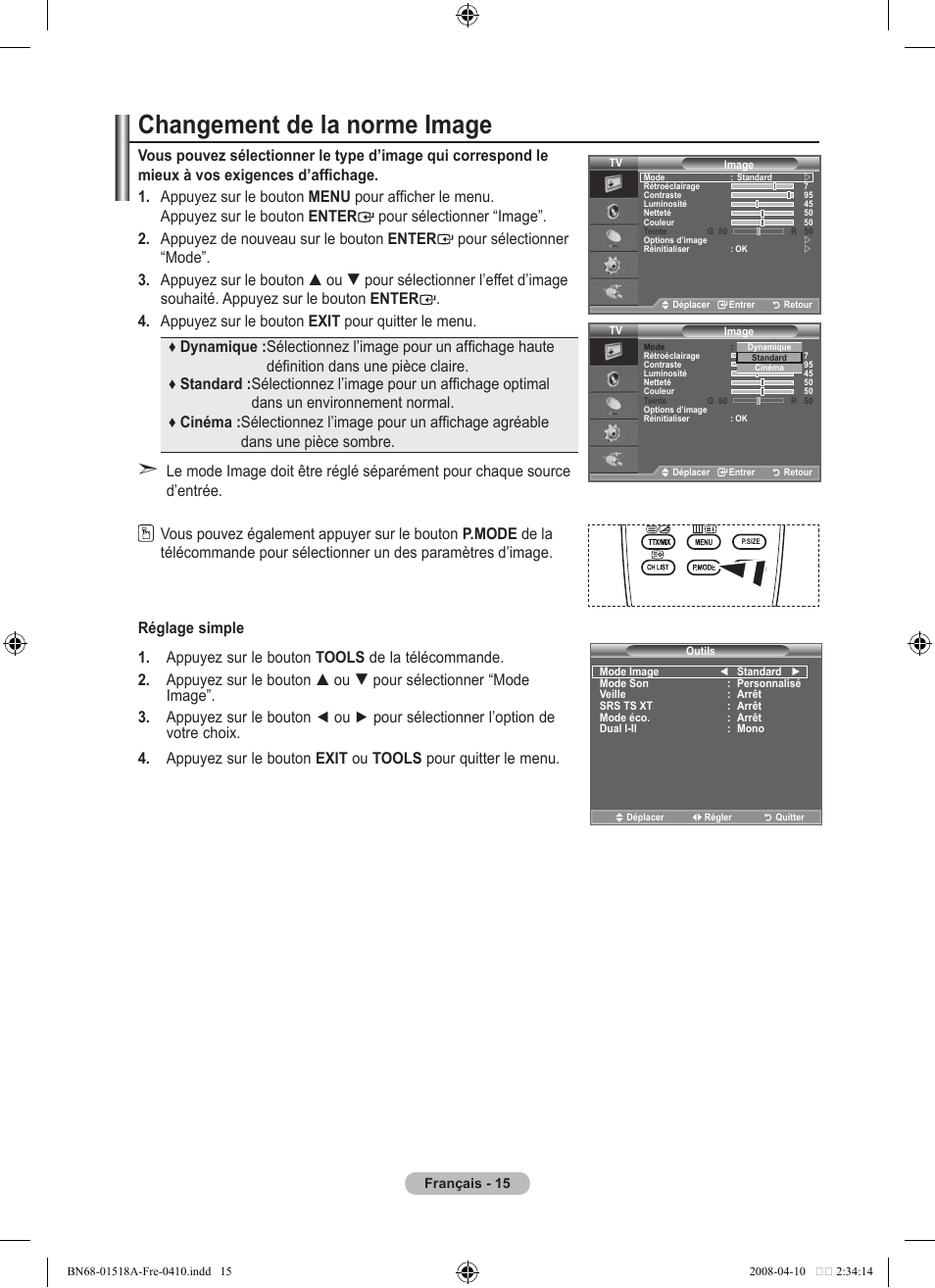 Changement de la norme image | Samsung LE32A330J1N User Manual | Page 51 / 413