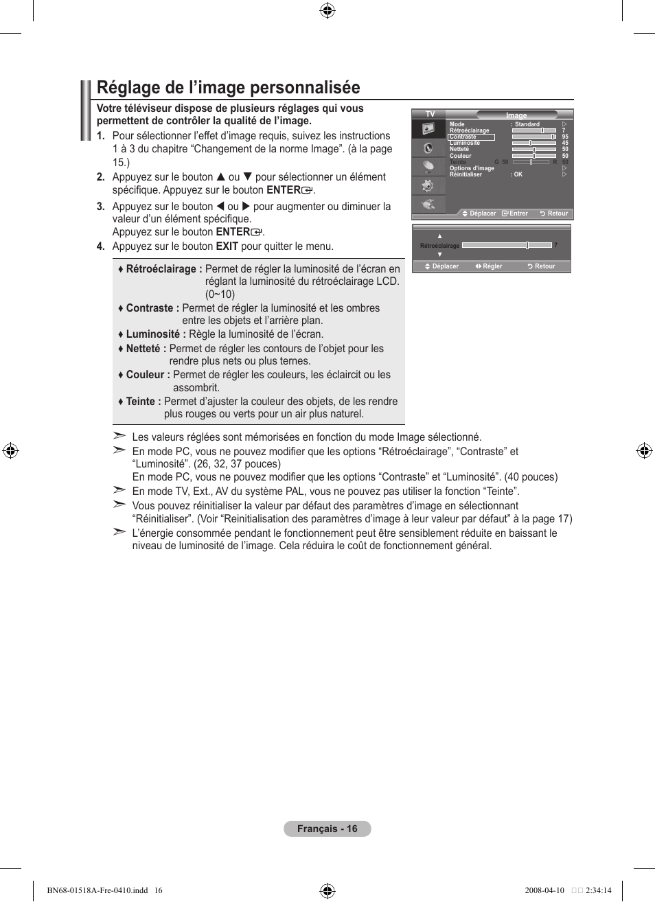 Réglage de l’image personnalisée | Samsung LE32A330J1N User Manual | Page 52 / 413