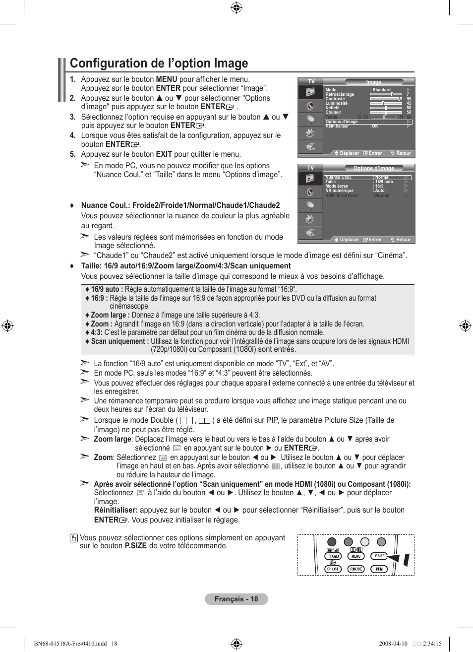 Configuration de l’option image | Samsung LE32A330J1N User Manual | Page 54 / 413