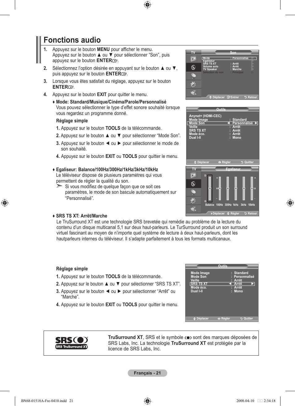 Fonctions audio | Samsung LE32A330J1N User Manual | Page 57 / 413