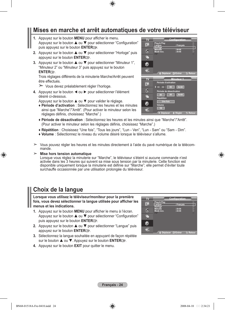 Choix de la langue | Samsung LE32A330J1N User Manual | Page 60 / 413