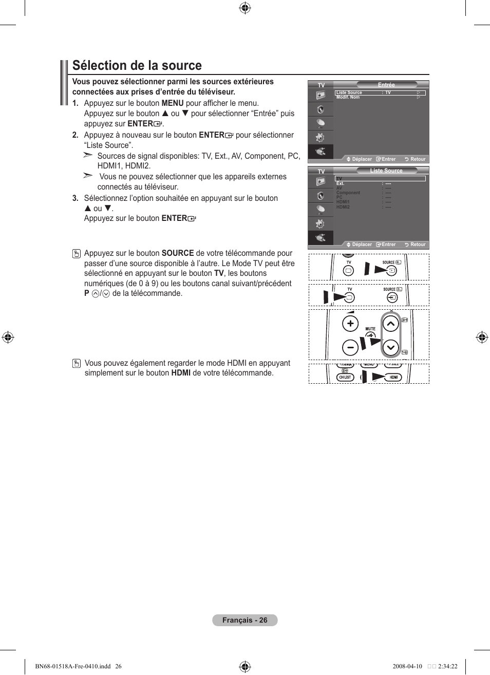 Sélection de la source | Samsung LE32A330J1N User Manual | Page 62 / 413