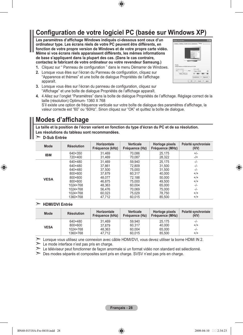 Modes d’affichage | Samsung LE32A330J1N User Manual | Page 64 / 413