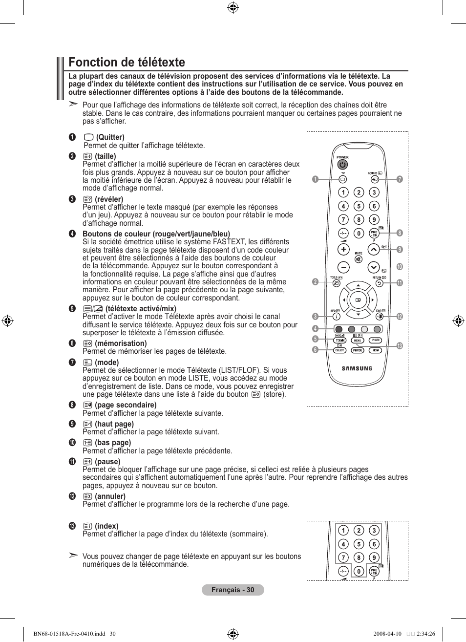 Fonction de télétexte | Samsung LE32A330J1N User Manual | Page 66 / 413