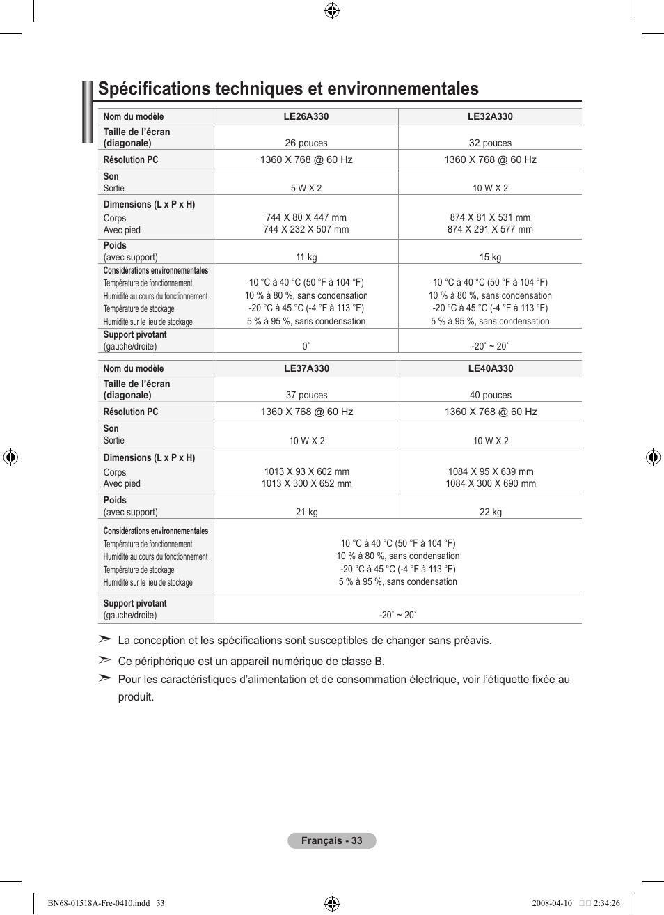 Spécifications techniques et environnementales | Samsung LE32A330J1N User Manual | Page 69 / 413