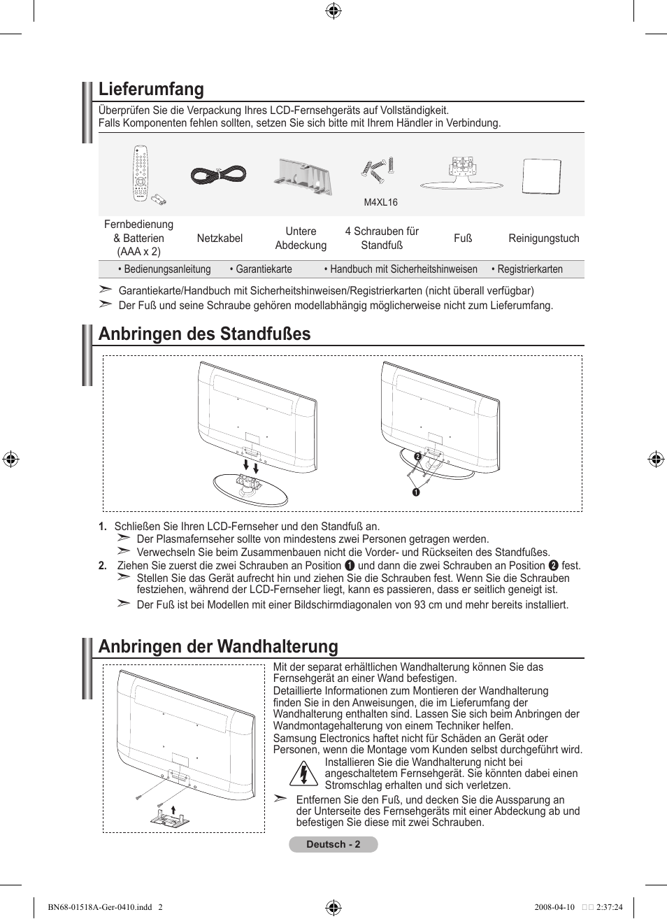 Lieferumfang, Anbringen des standfußes, Anbringen der wandhalterung | Samsung LE32A330J1N User Manual | Page 72 / 413