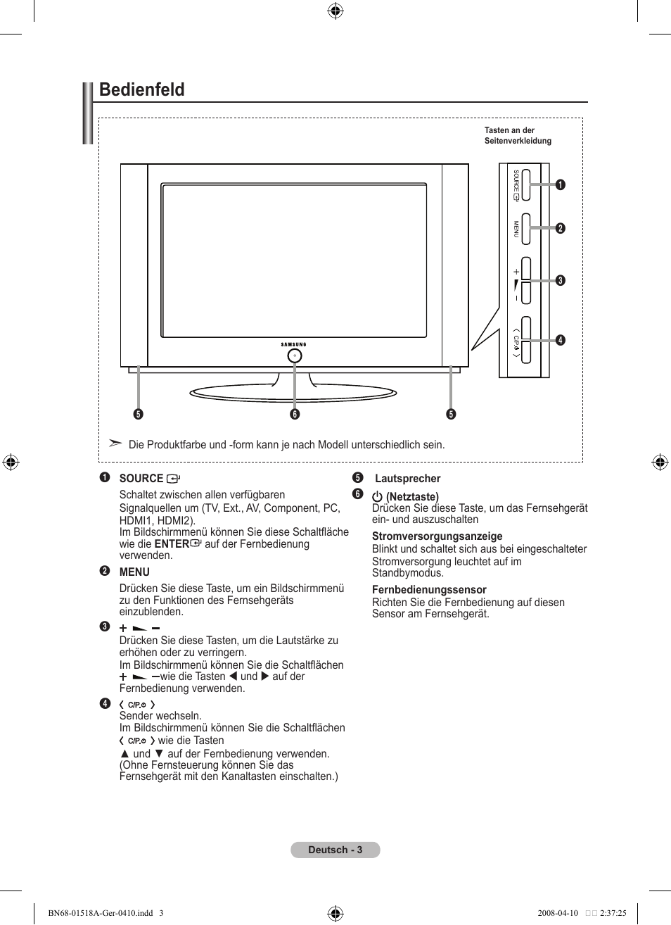 Bedienfeld | Samsung LE32A330J1N User Manual | Page 73 / 413