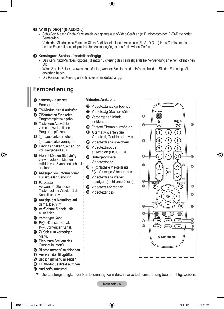 Fernbedienung | Samsung LE32A330J1N User Manual | Page 76 / 413