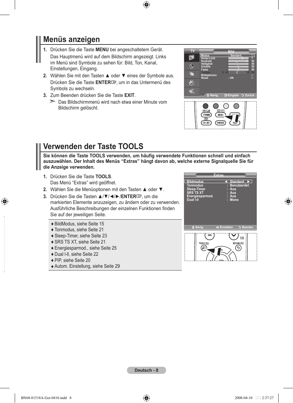 Menüs anzeigen, Verwenden der taste tools | Samsung LE32A330J1N User Manual | Page 78 / 413