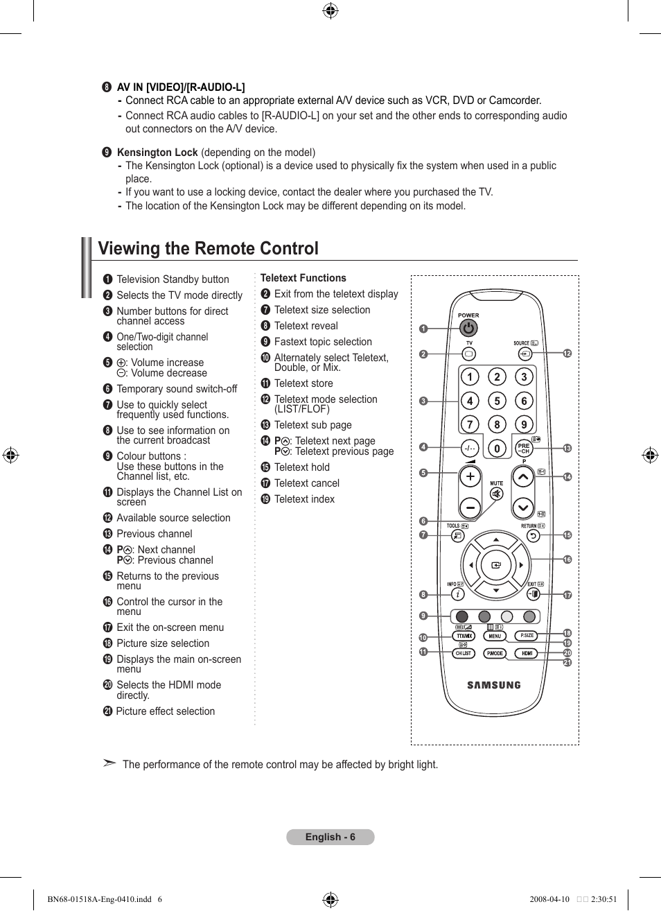 Viewing the remote control | Samsung LE32A330J1N User Manual | Page 8 / 413