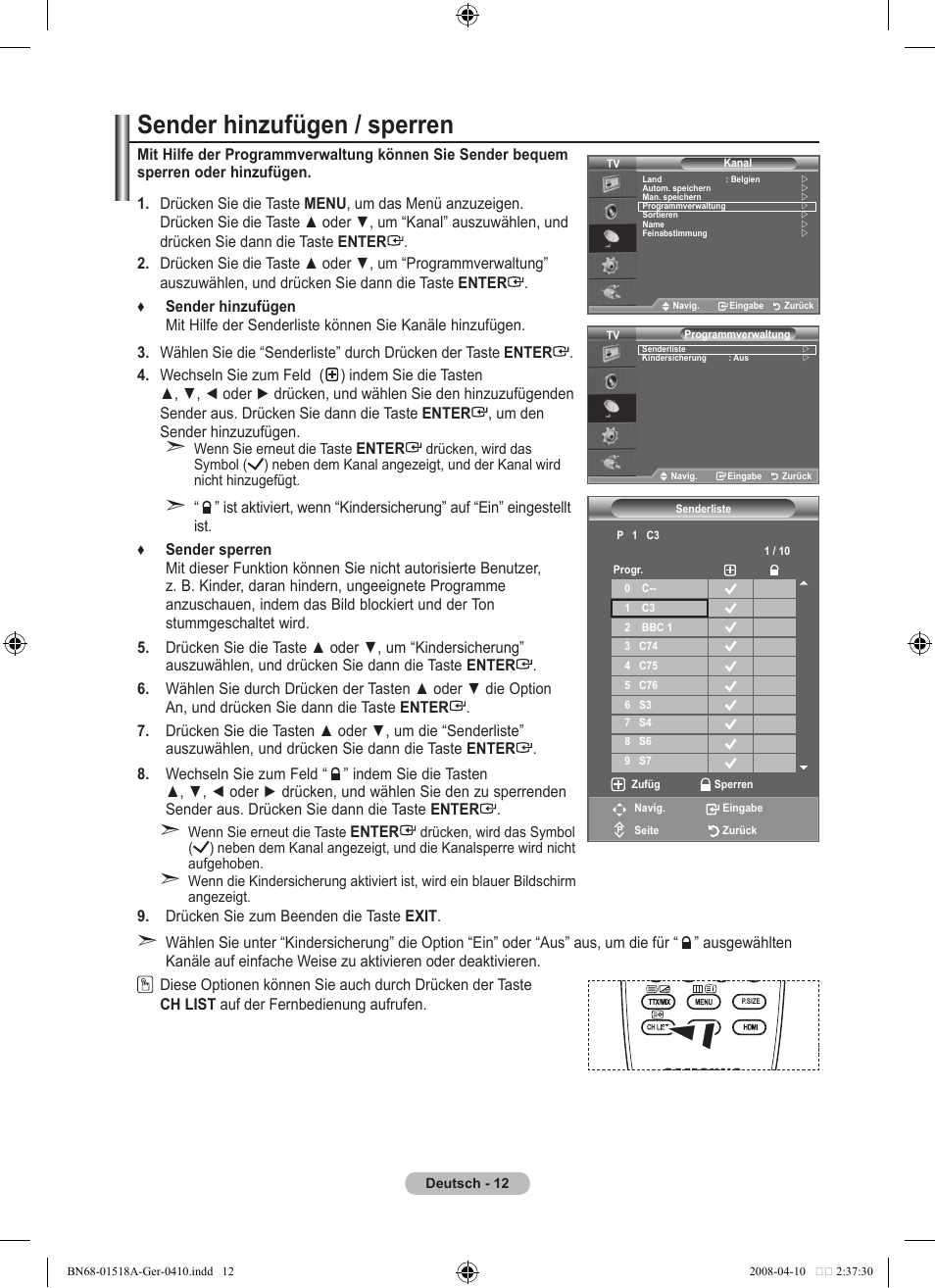 Sender hinzufügen / sperren | Samsung LE32A330J1N User Manual | Page 82 / 413