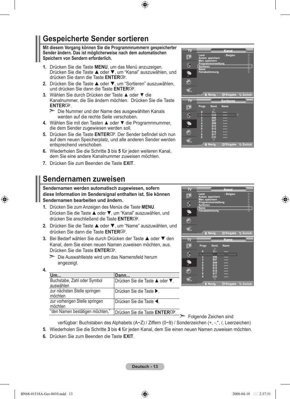 Gespeicherte sender sortieren, Sendernamen zuweisen | Samsung LE32A330J1N User Manual | Page 83 / 413