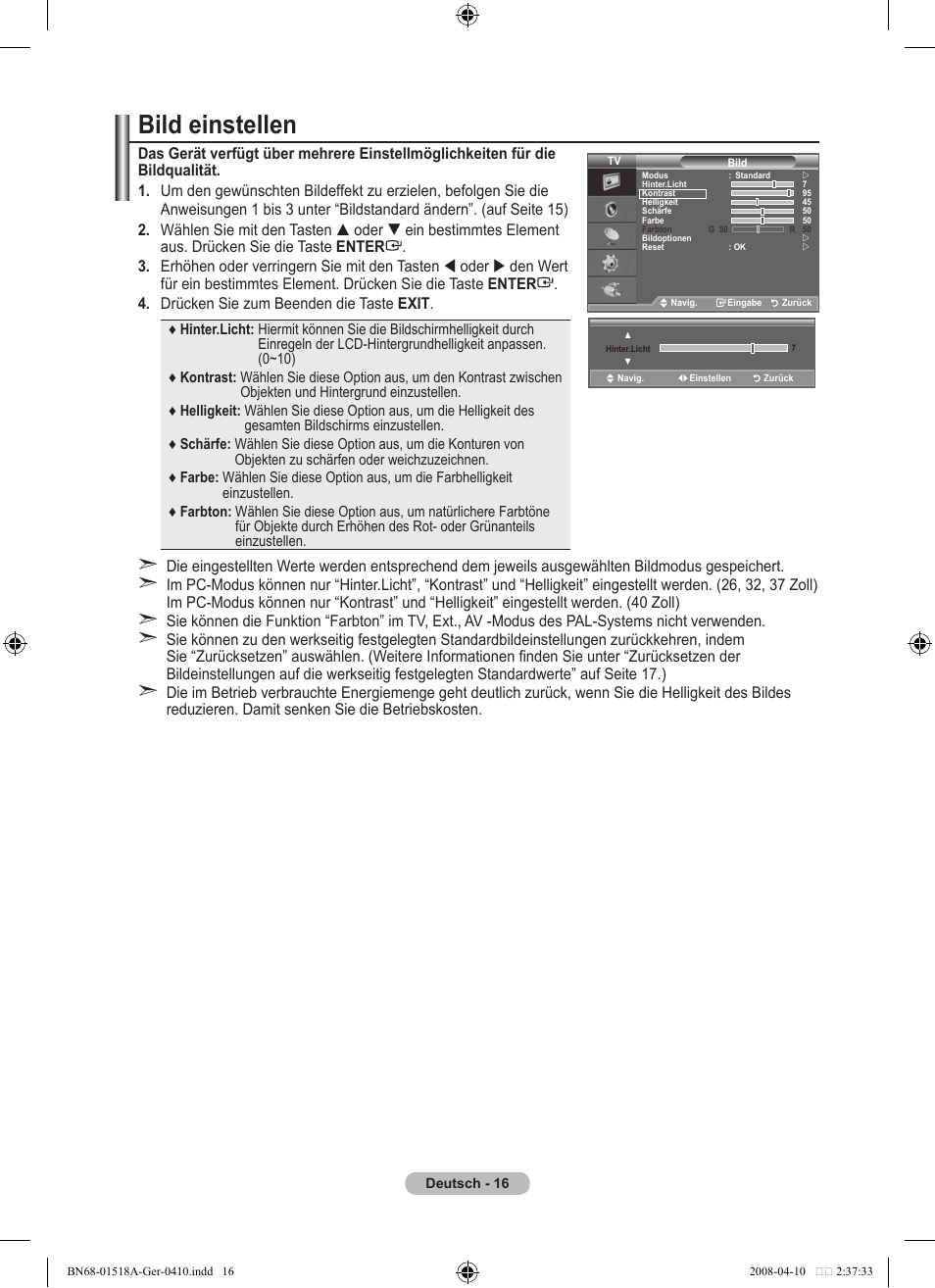 Bild einstellen | Samsung LE32A330J1N User Manual | Page 86 / 413