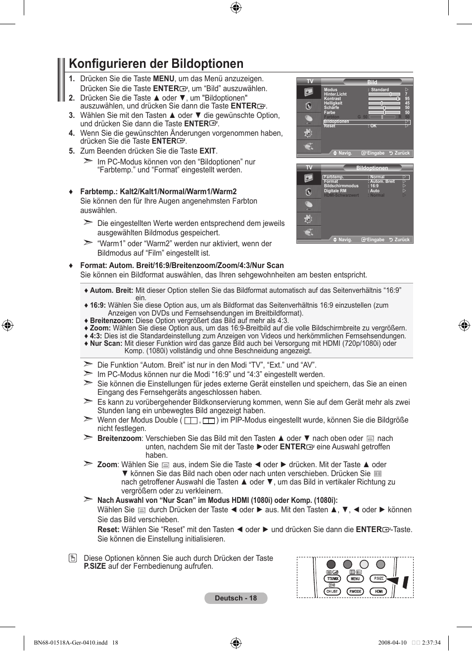 Konfigurieren der bildoptionen | Samsung LE32A330J1N User Manual | Page 88 / 413