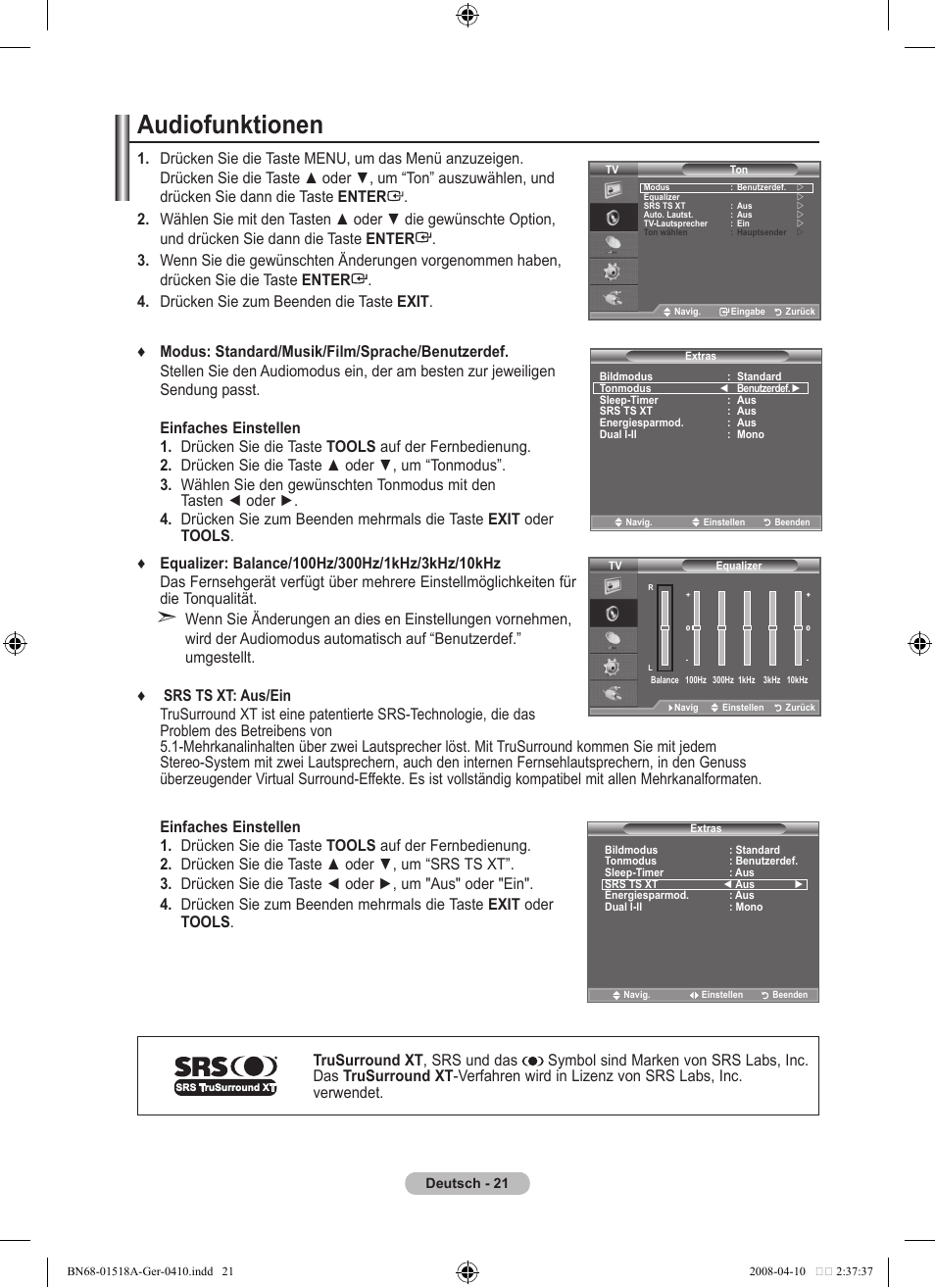 Audiofunktionen | Samsung LE32A330J1N User Manual | Page 91 / 413