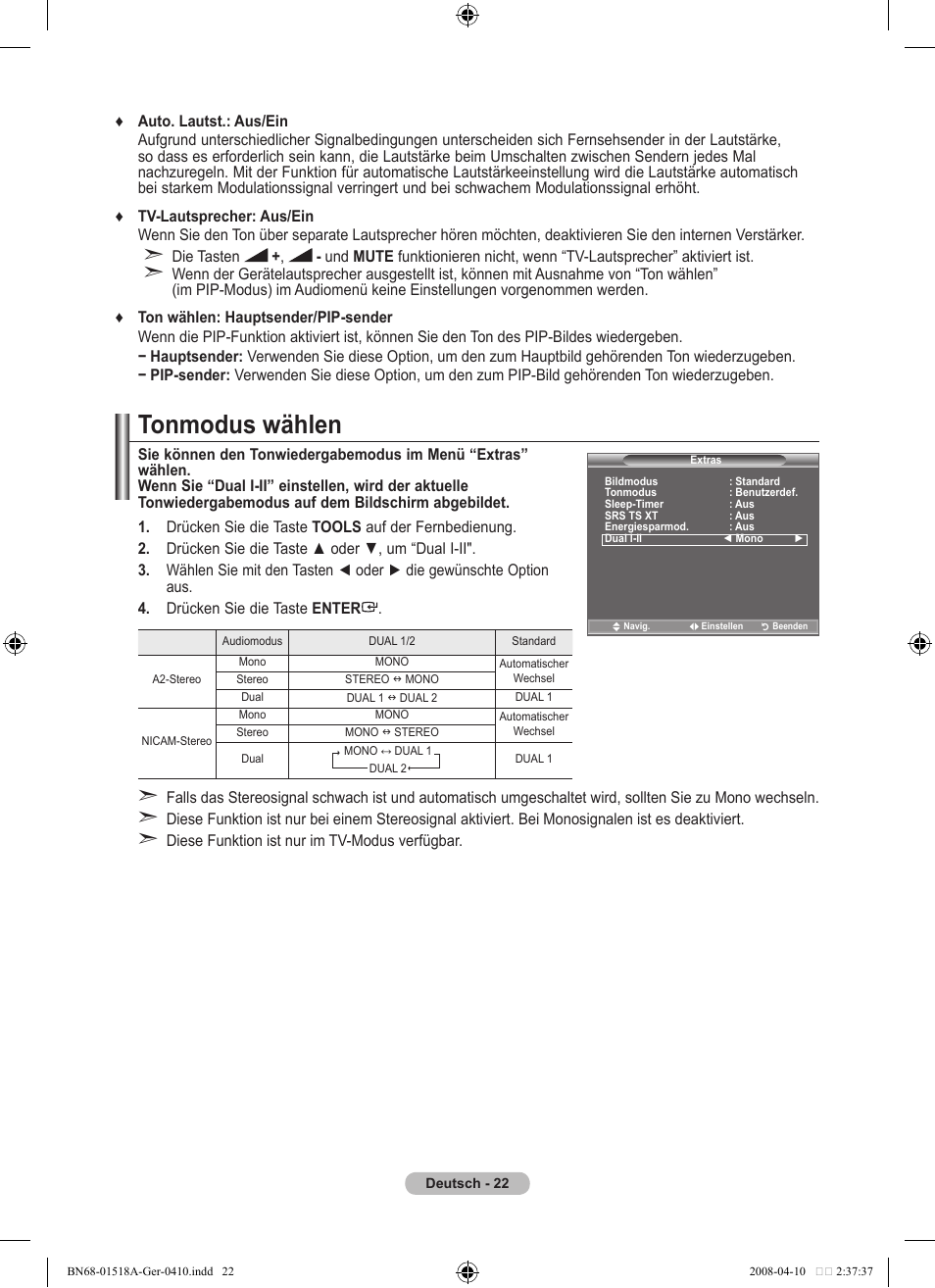 Tonmodus wählen | Samsung LE32A330J1N User Manual | Page 92 / 413