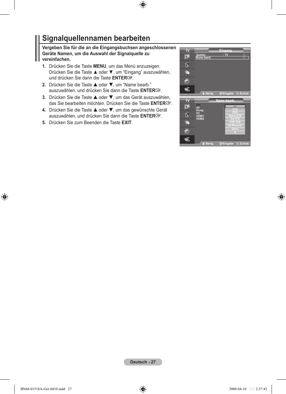 Signalquellennamen bearbeiten | Samsung LE32A330J1N User Manual | Page 97 / 413