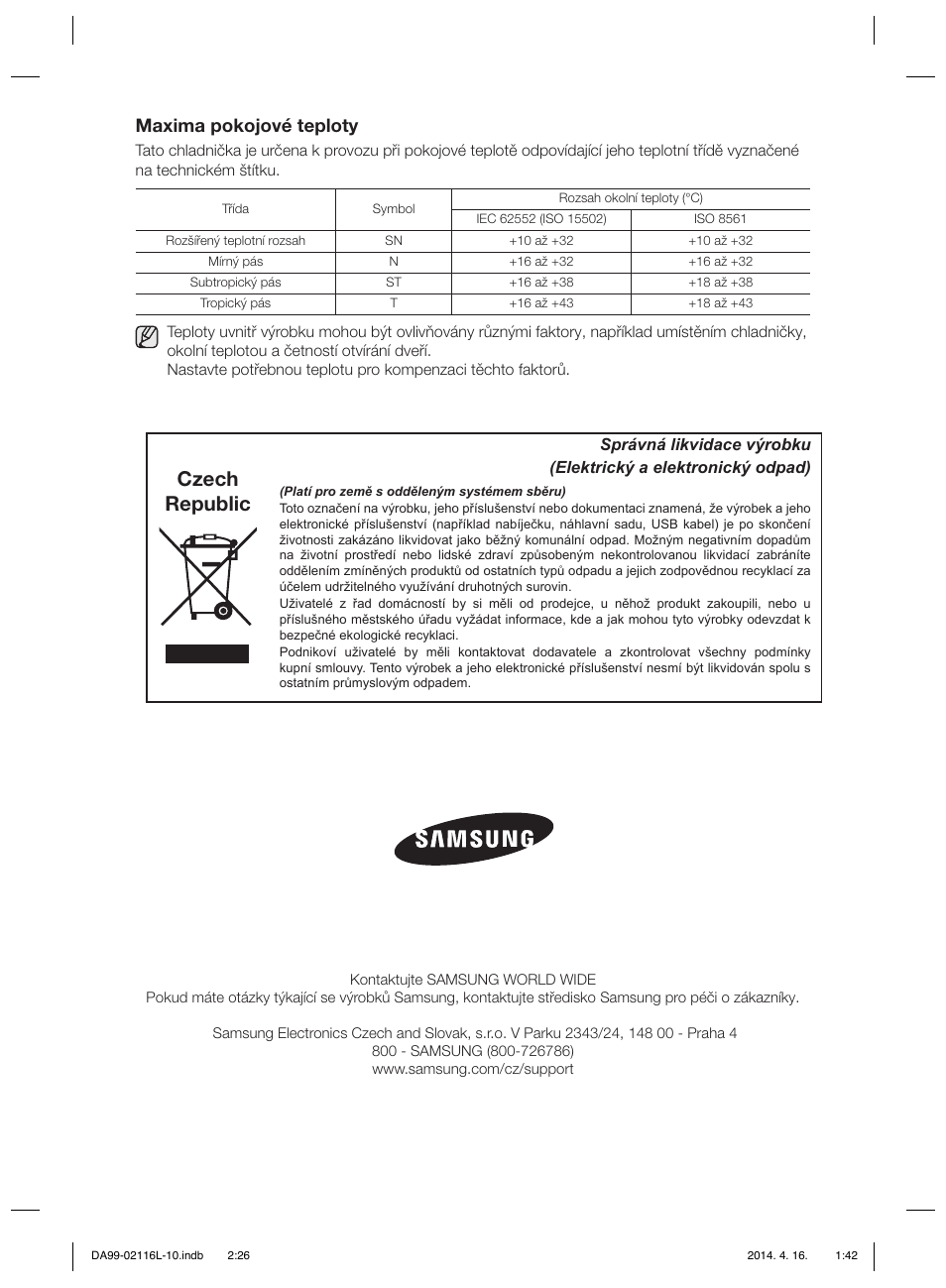 Czech republic, Maxima pokojové teploty | Samsung RL55VTEBG User Manual | Page 106 / 240