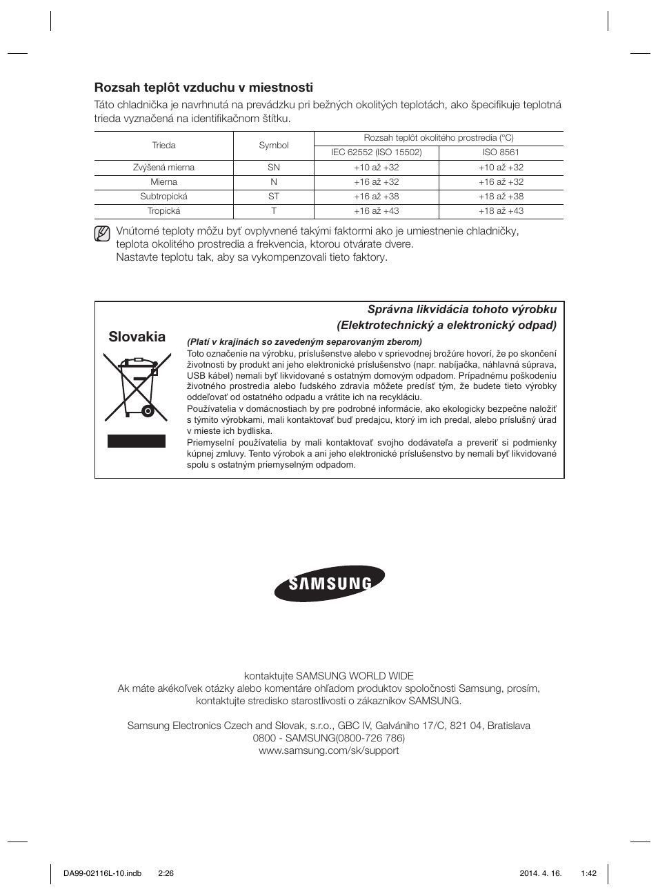 Slovakia, Rozsah teplôt vzduchu v miestnosti | Samsung RL55VTEBG User Manual | Page 132 / 240