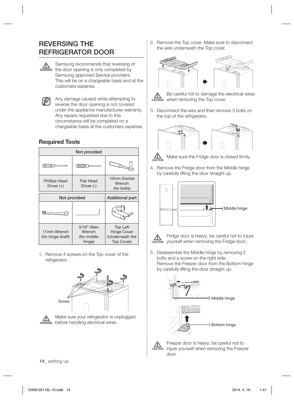 Reversing the refrigerator door, Required tools | Samsung RL55VTEBG User Manual | Page 14 / 240