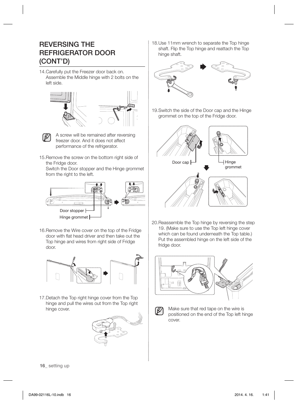 Reversing the refrigerator door (cont’d) | Samsung RL55VTEBG User Manual | Page 16 / 240