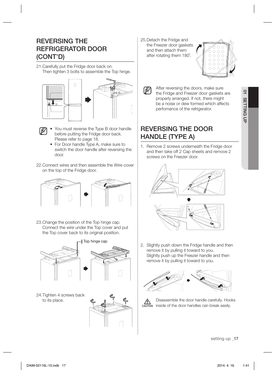 Reversing the door handle (type a), Reversing the refrigerator door (cont’d) | Samsung RL55VTEBG User Manual | Page 17 / 240