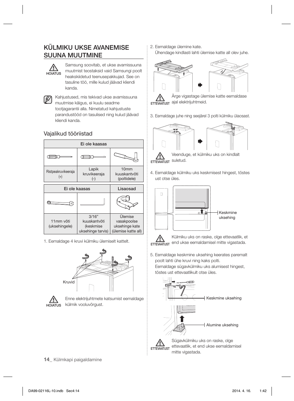 Külmiku ukse avanemise suuna muutmine, Vajalikud tööriistad | Samsung RL55VTEBG User Manual | Page 174 / 240