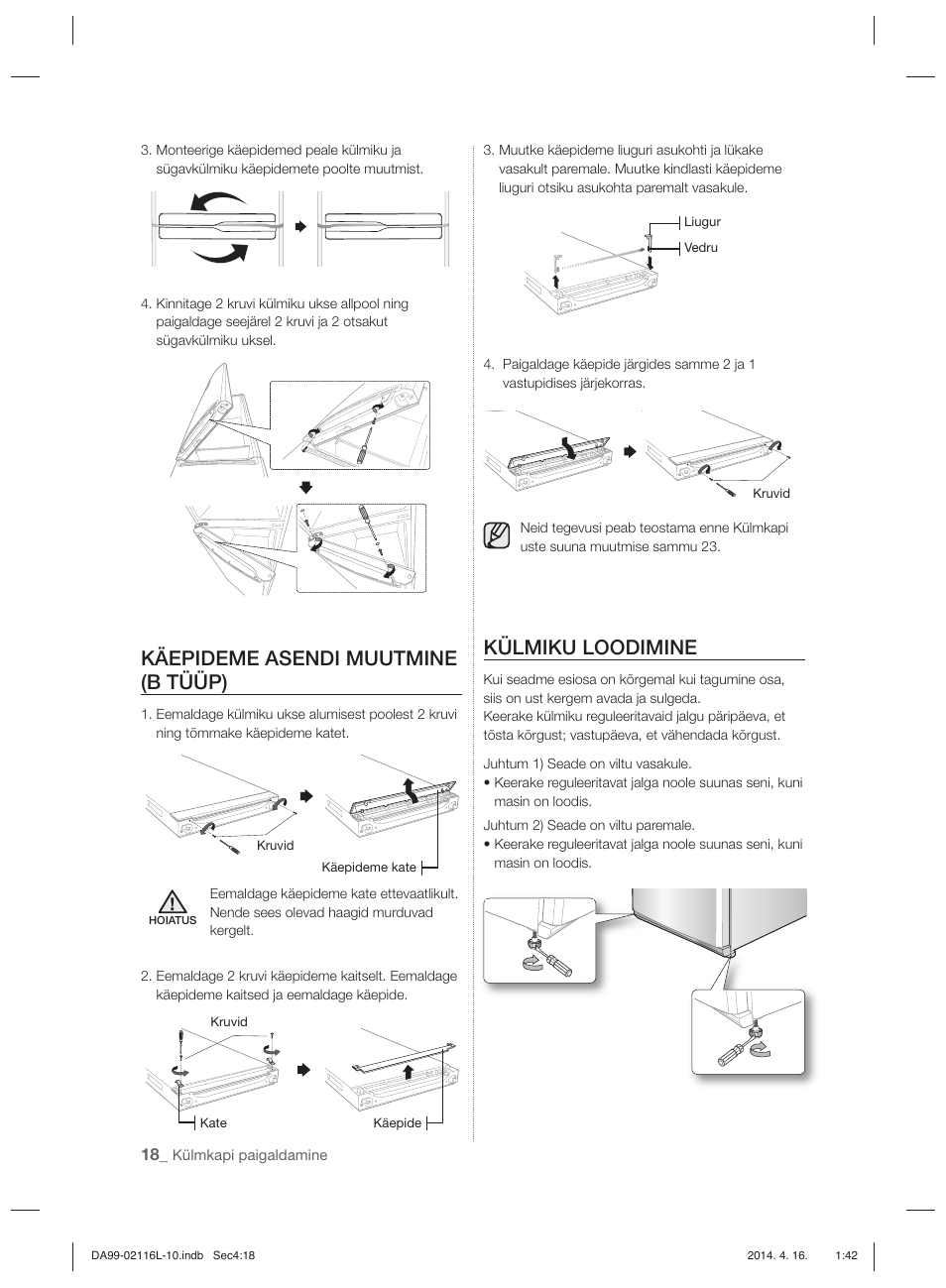Käepideme asendi muutmine (b tüüp), Külmiku loodimine | Samsung RL55VTEBG User Manual | Page 178 / 240