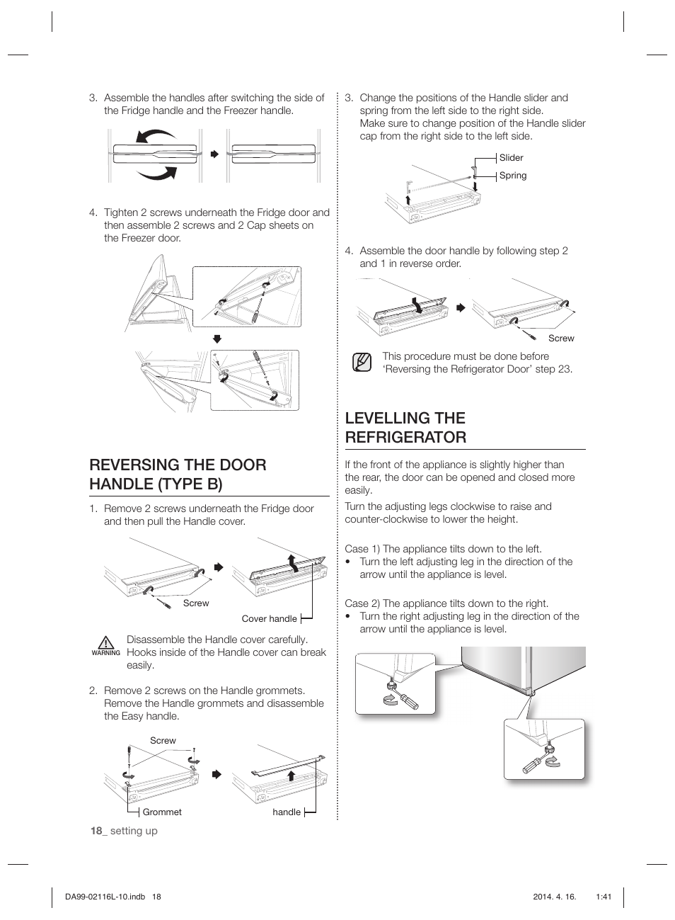 Levelling the refrigerator, Reversing the door handle (type b) | Samsung RL55VTEBG User Manual | Page 18 / 240
