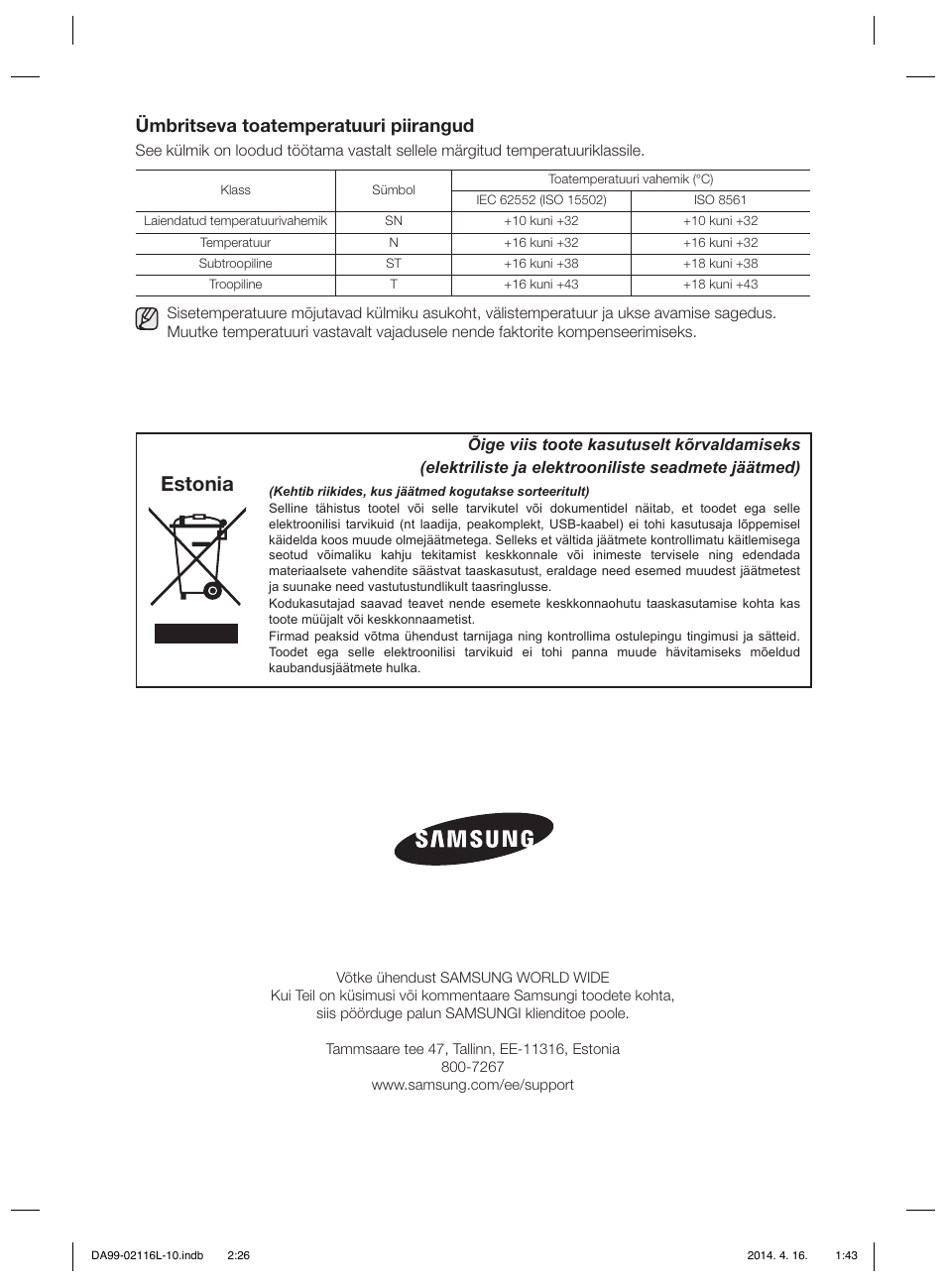 Estonia, Ümbritseva toatemperatuuri piirangud | Samsung RL55VTEBG User Manual | Page 186 / 240