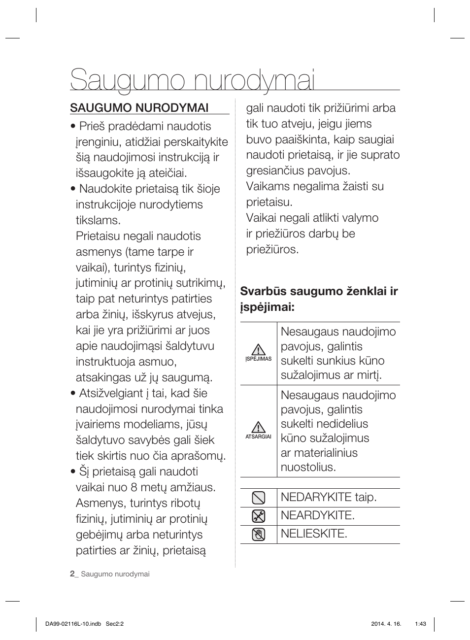 Saugumo nurodymai | Samsung RL55VTEBG User Manual | Page 188 / 240