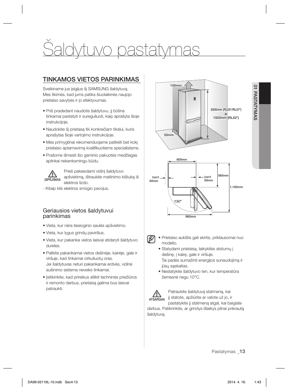 Šaldytuvo pastatymas, Tinkamos vietos parinkimas, Geriausios vietos šaldytuvui parinkimas | Samsung RL55VTEBG User Manual | Page 199 / 240
