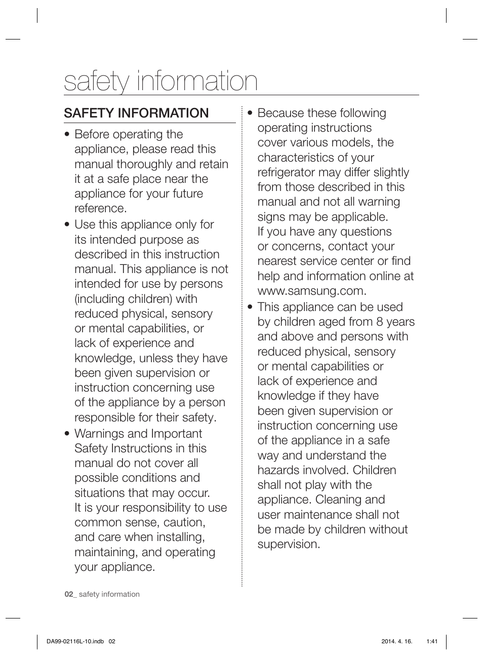 Safety information | Samsung RL55VTEBG User Manual | Page 2 / 240