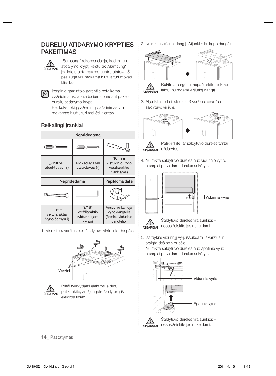 Durelių atidarymo krypties pakeitimas, Reikalingi įrankiai | Samsung RL55VTEBG User Manual | Page 200 / 240