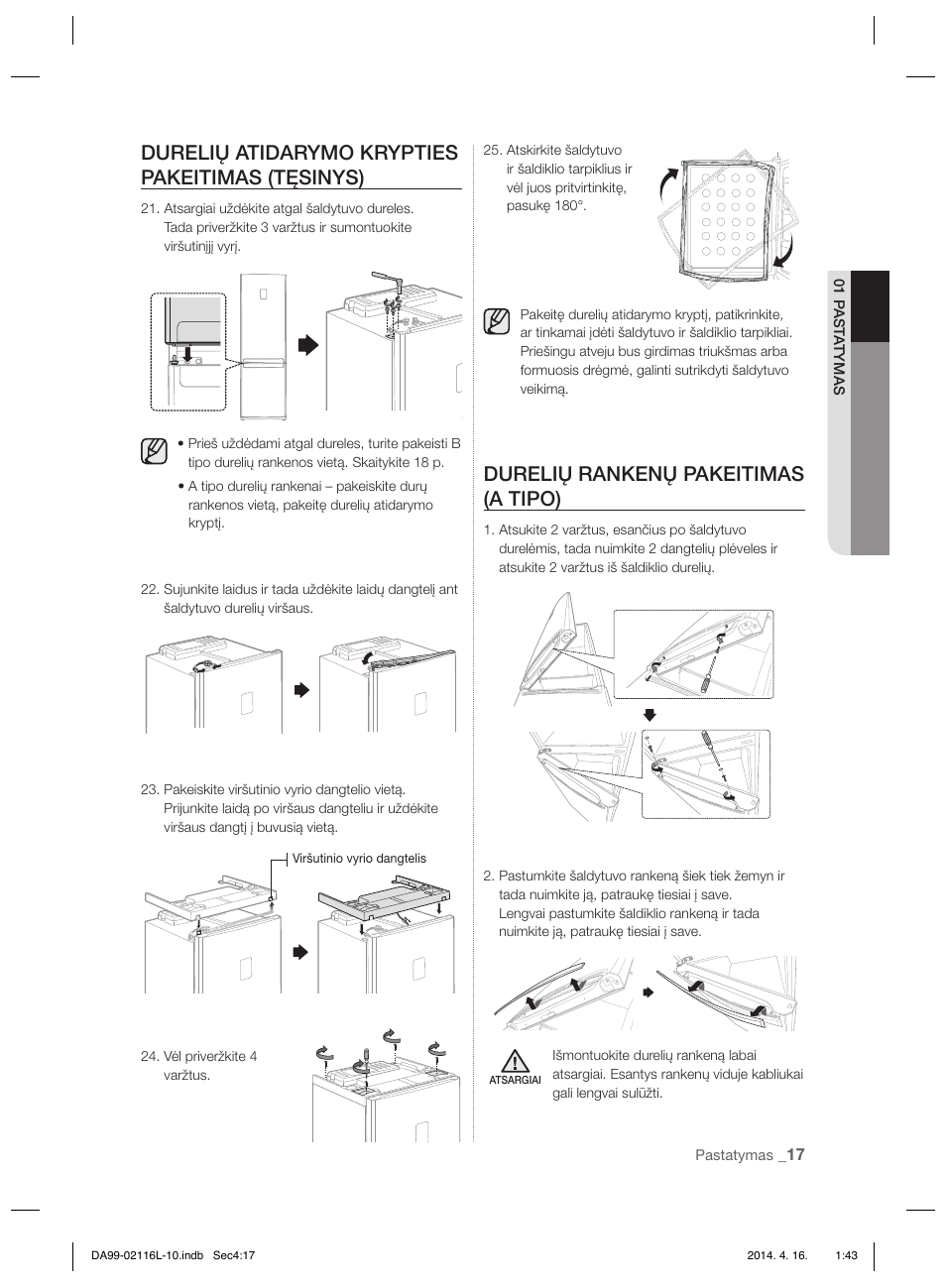 Durelių atidarymo krypties pakeitimas (tęsinys), Durelių rankenų pakeitimas (a tipo) | Samsung RL55VTEBG User Manual | Page 203 / 240