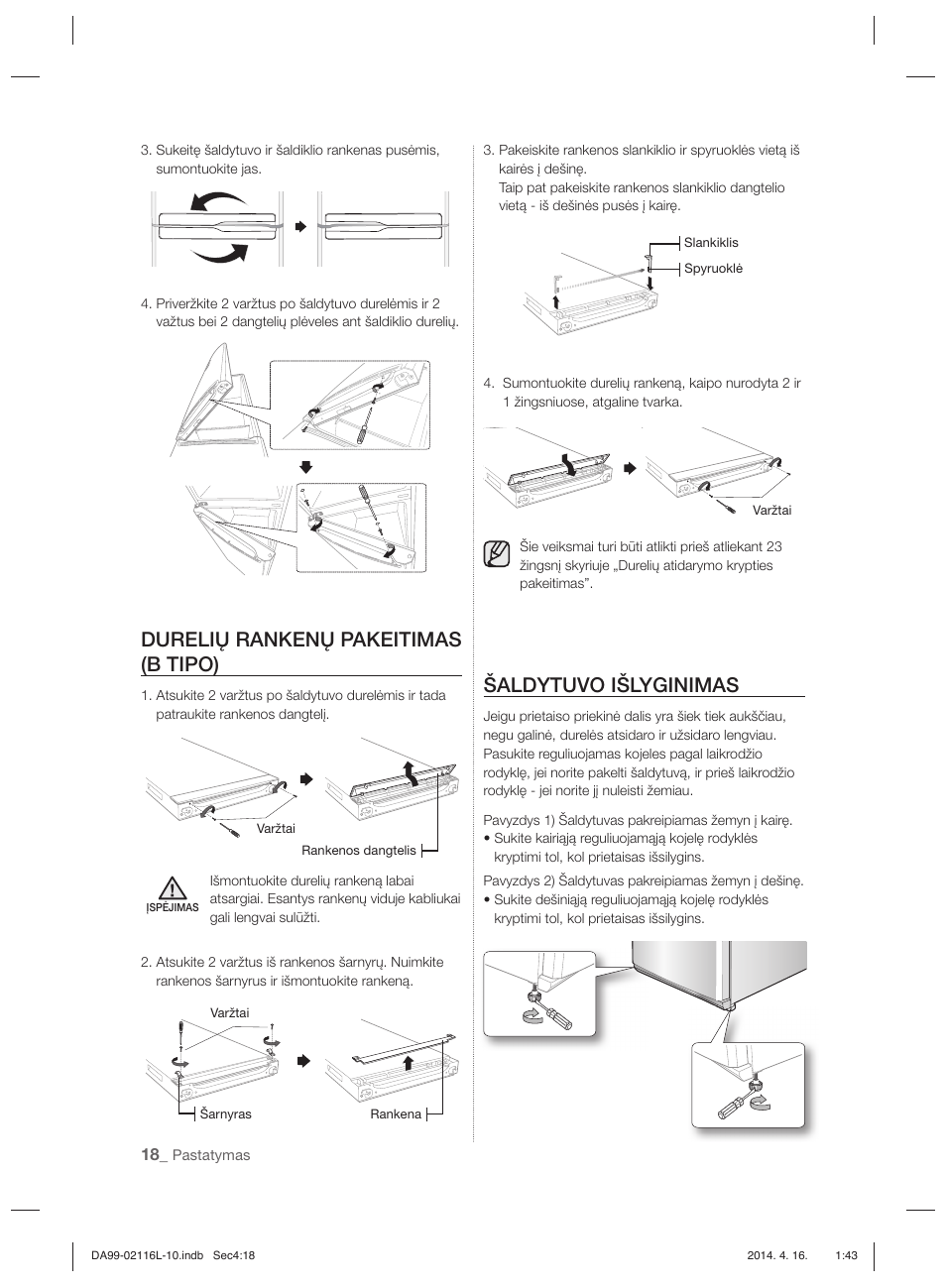 Durelių rankenų pakeitimas (b tipo), Šaldytuvo išlyginimas | Samsung RL55VTEBG User Manual | Page 204 / 240