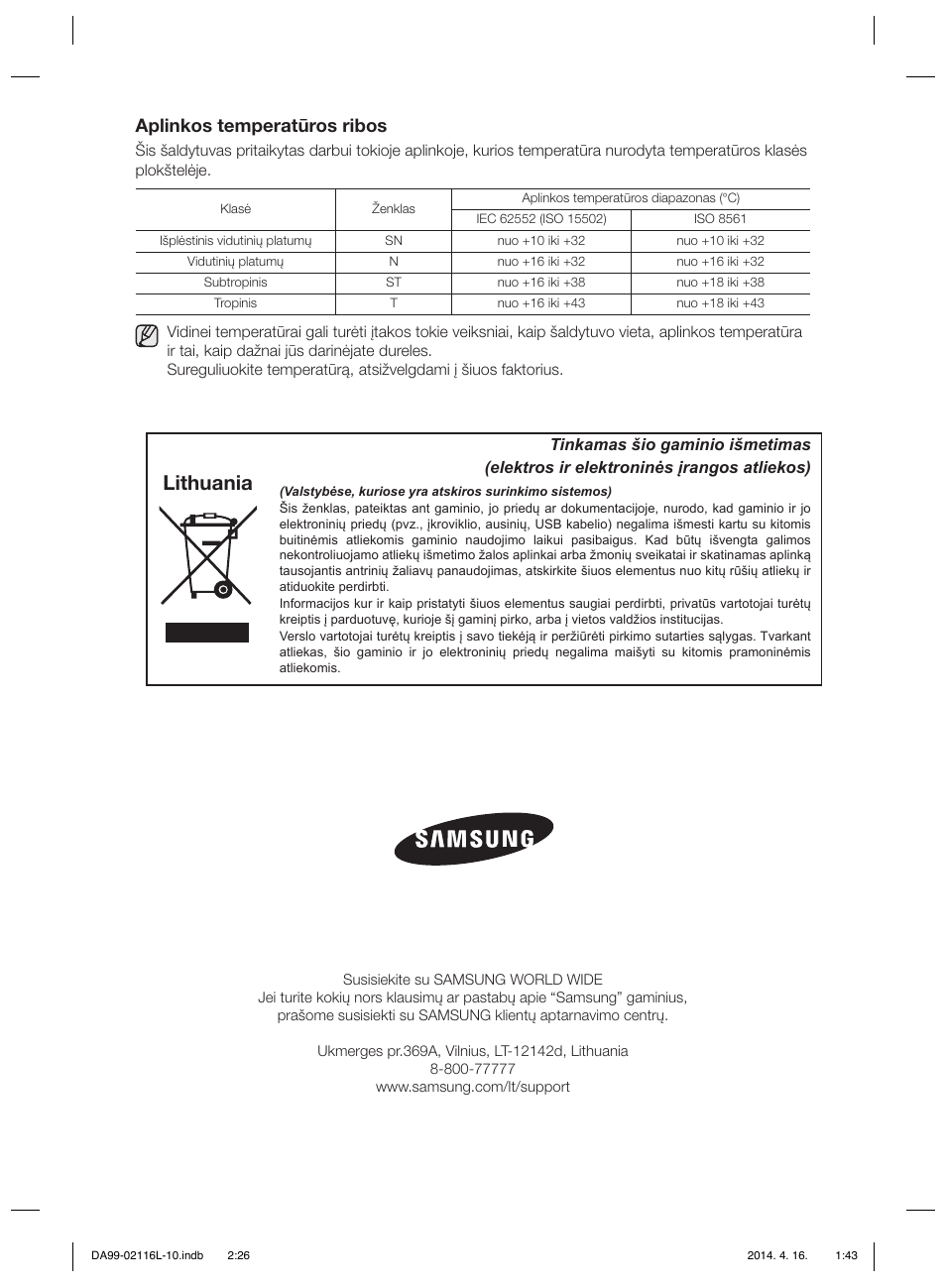 Lithuania, Aplinkos temperatūros ribos | Samsung RL55VTEBG User Manual | Page 212 / 240