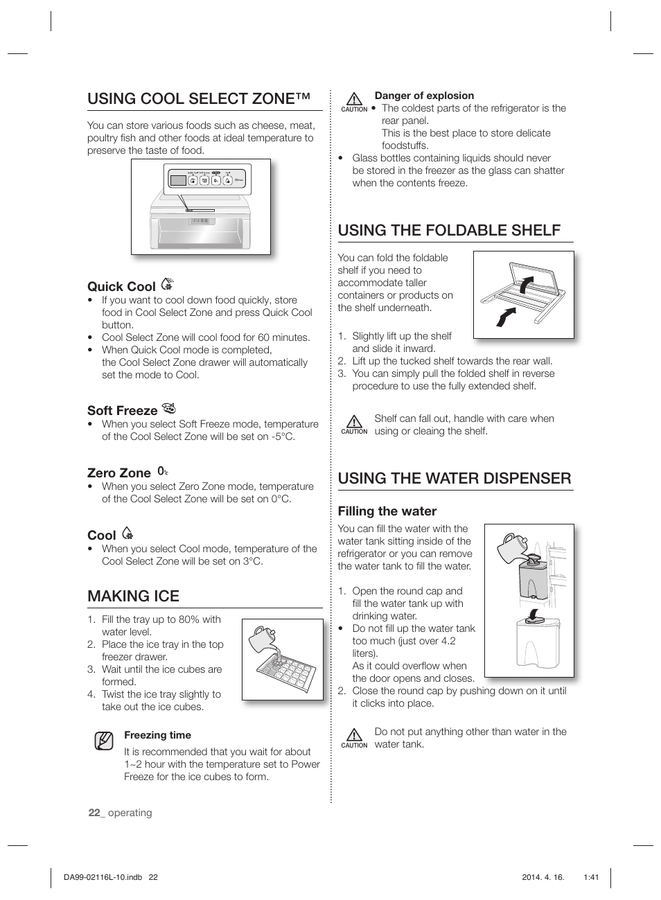 Using the foldable shelf, Using the water dispenser, Using cool select zone | Making ice | Samsung RL55VTEBG User Manual | Page 22 / 240