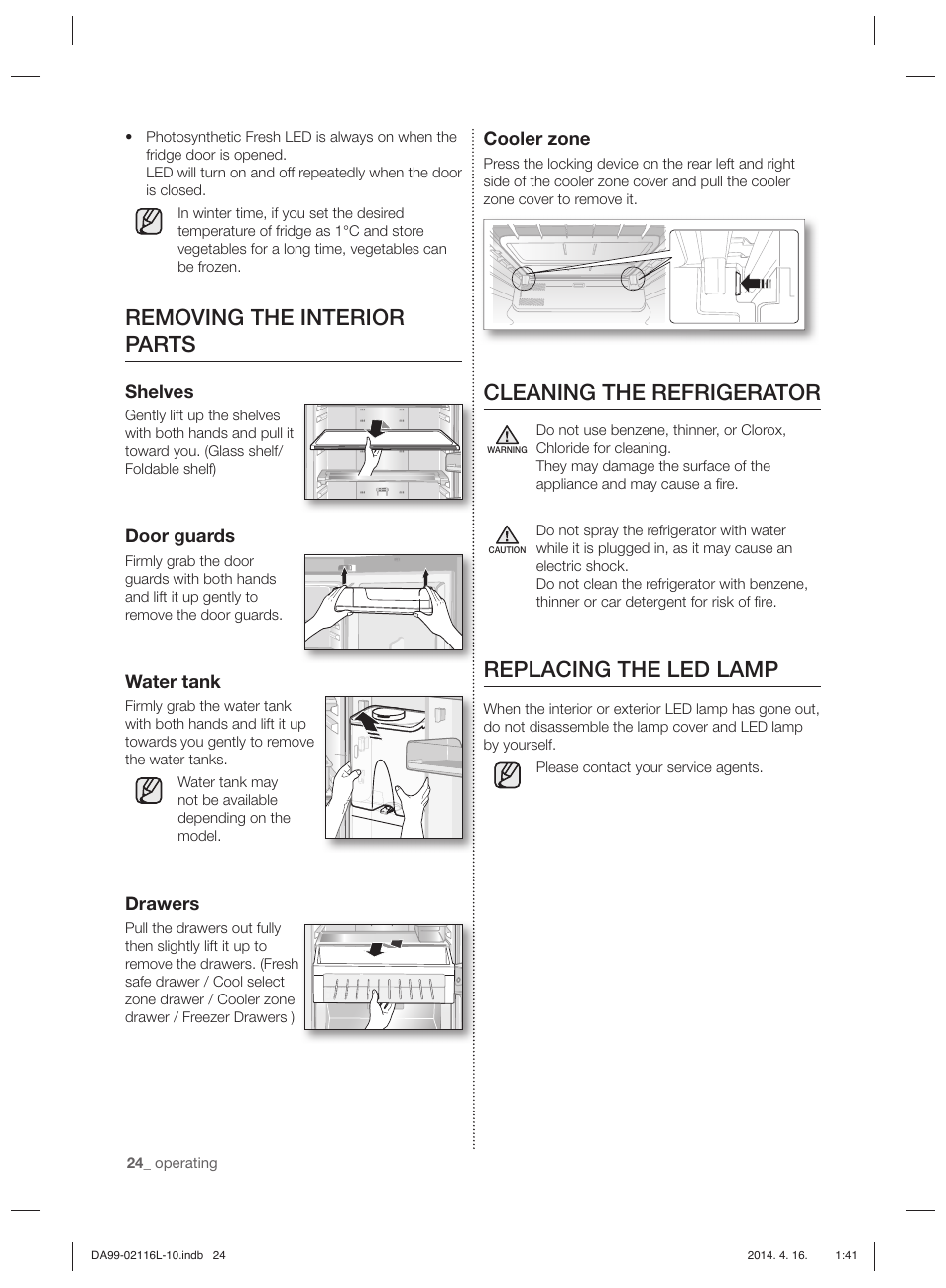 Cleaning the refrigerator, Replacing the led lamp, Removing the interior parts | Samsung RL55VTEBG User Manual | Page 24 / 240