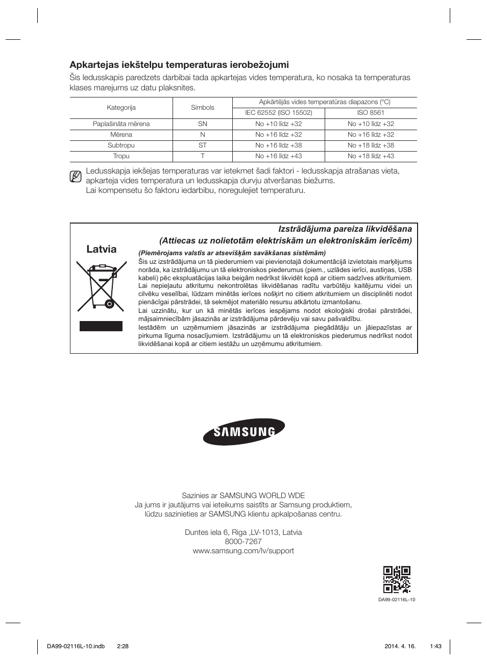 Latvia, Apkartejas iekštelpu temperaturas ierobežojumi | Samsung RL55VTEBG User Manual | Page 240 / 240
