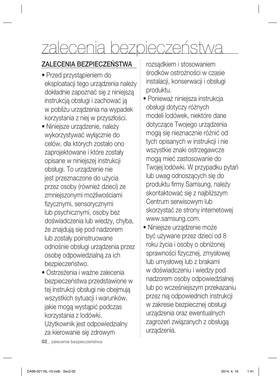 Zalecenia bezpieczeństwa | Samsung RL55VTEBG User Manual | Page 28 / 240