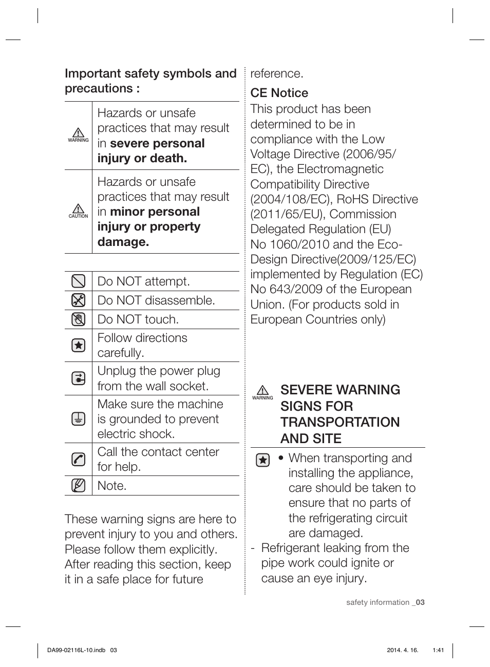 Severe warning signs for transportation and site, Important safety symbols and precautions | Samsung RL55VTEBG User Manual | Page 3 / 240