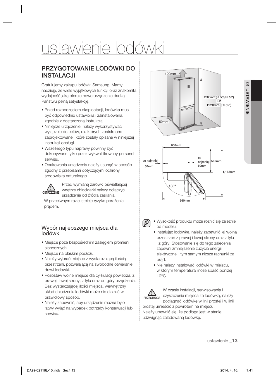 Ustawienie lodówki, Przygotowanie lodówki do instalacji, Wybór najlepszego miejsca dla lodówki | Samsung RL55VTEBG User Manual | Page 39 / 240