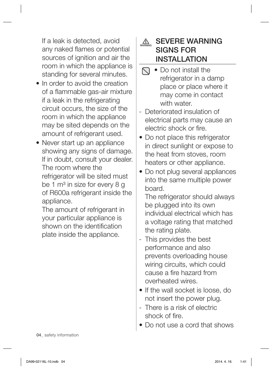 Severe warning signs for installation | Samsung RL55VTEBG User Manual | Page 4 / 240