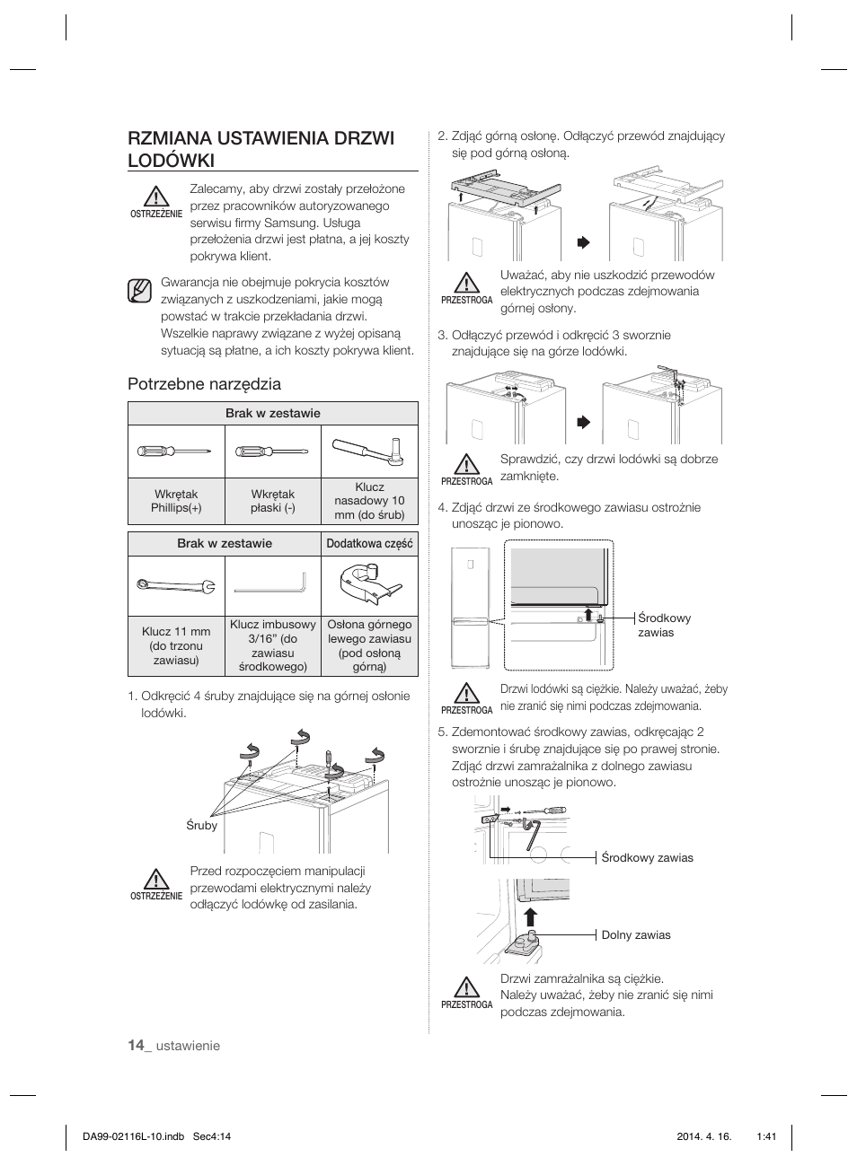 Rzmiana ustawienia drzwi lodówki, Potrzebne narzędzia | Samsung RL55VTEBG User Manual | Page 40 / 240
