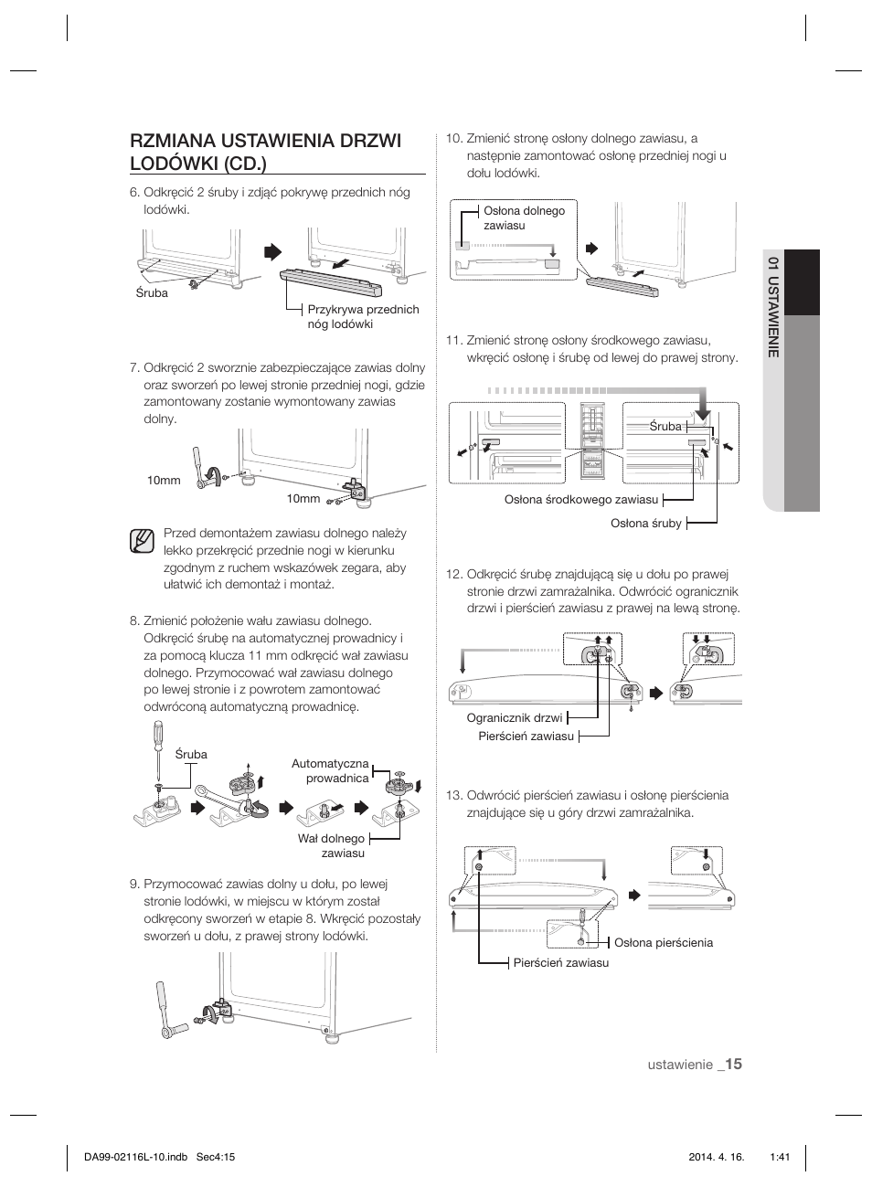 Rzmiana ustawienia drzwi lodówki (cd.) | Samsung RL55VTEBG User Manual | Page 41 / 240