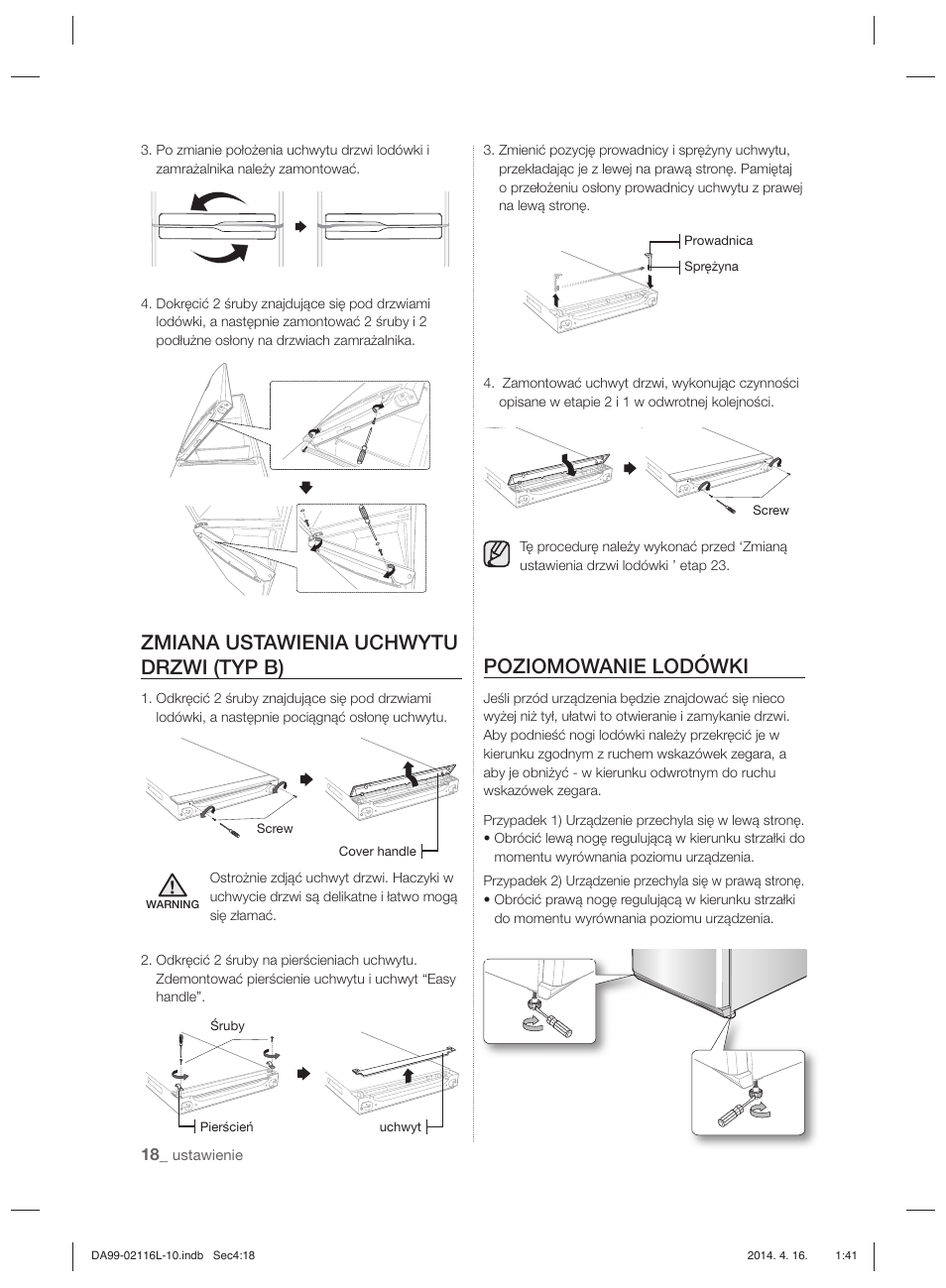 Zmiana ustawienia uchwytu drzwi (typ b), Poziomowanie lodówki | Samsung RL55VTEBG User Manual | Page 44 / 240