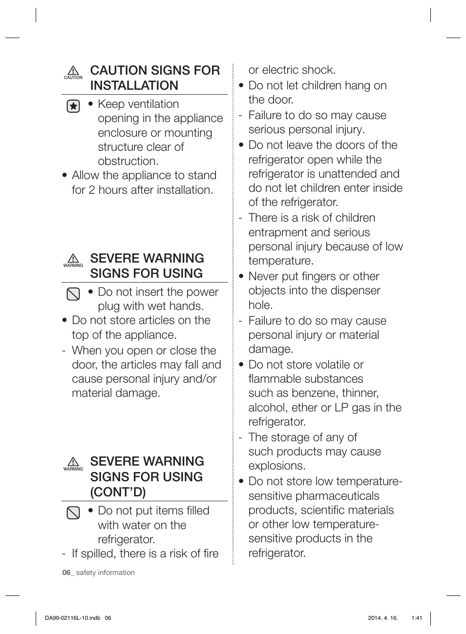 Caution signs for installation, Severe warning signs for using, Severe warning signs for using (cont’d) | Samsung RL55VTEBG User Manual | Page 6 / 240