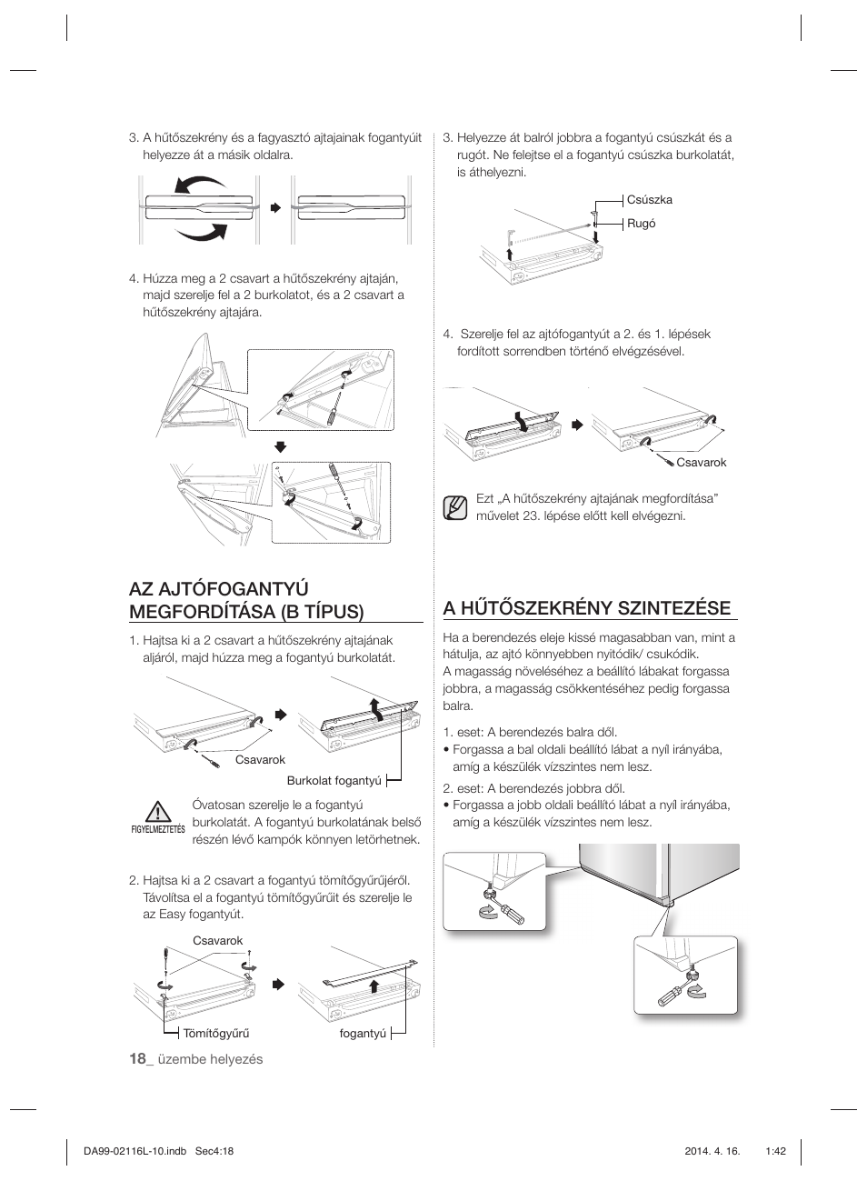 Az ajtófogantyú megfordítása (b típus), A hűtőszekrény szintezése | Samsung RL55VTEBG User Manual | Page 70 / 240