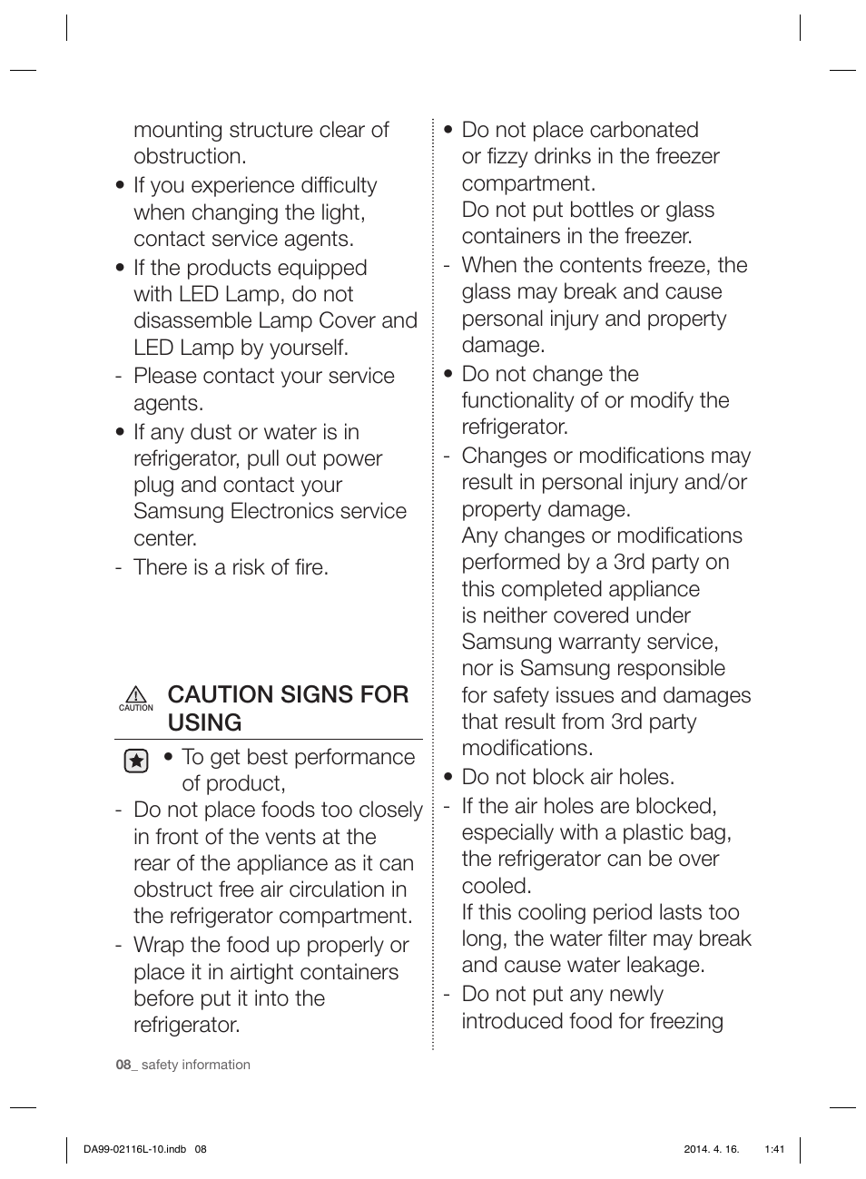 Caution signs for using | Samsung RL55VTEBG User Manual | Page 8 / 240